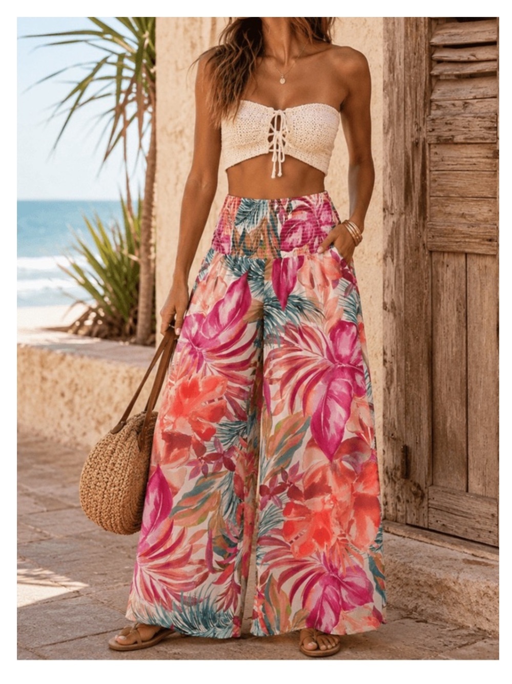 🟠NWT WHITE BIRCH Flowy Smocked-Waist Palazzo Pants in Vibrant Floral